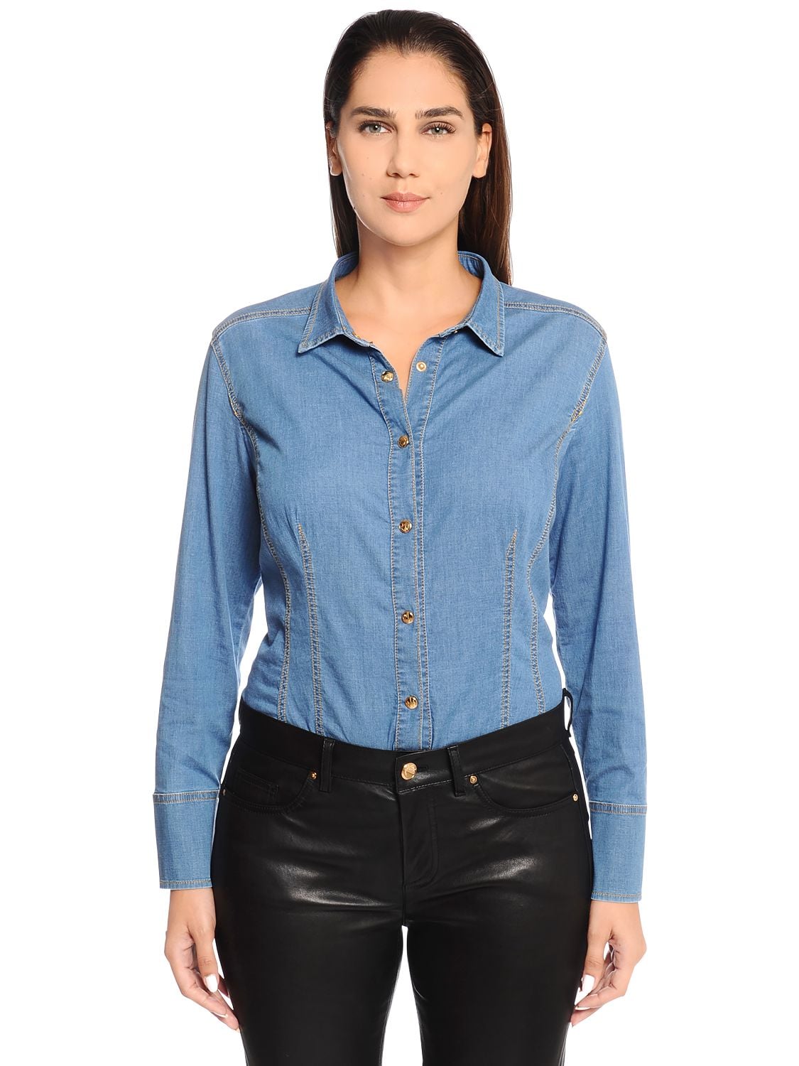 Marina Rinaldi Cotton Denim Shirt W/ Grosgrain Bow In Blue