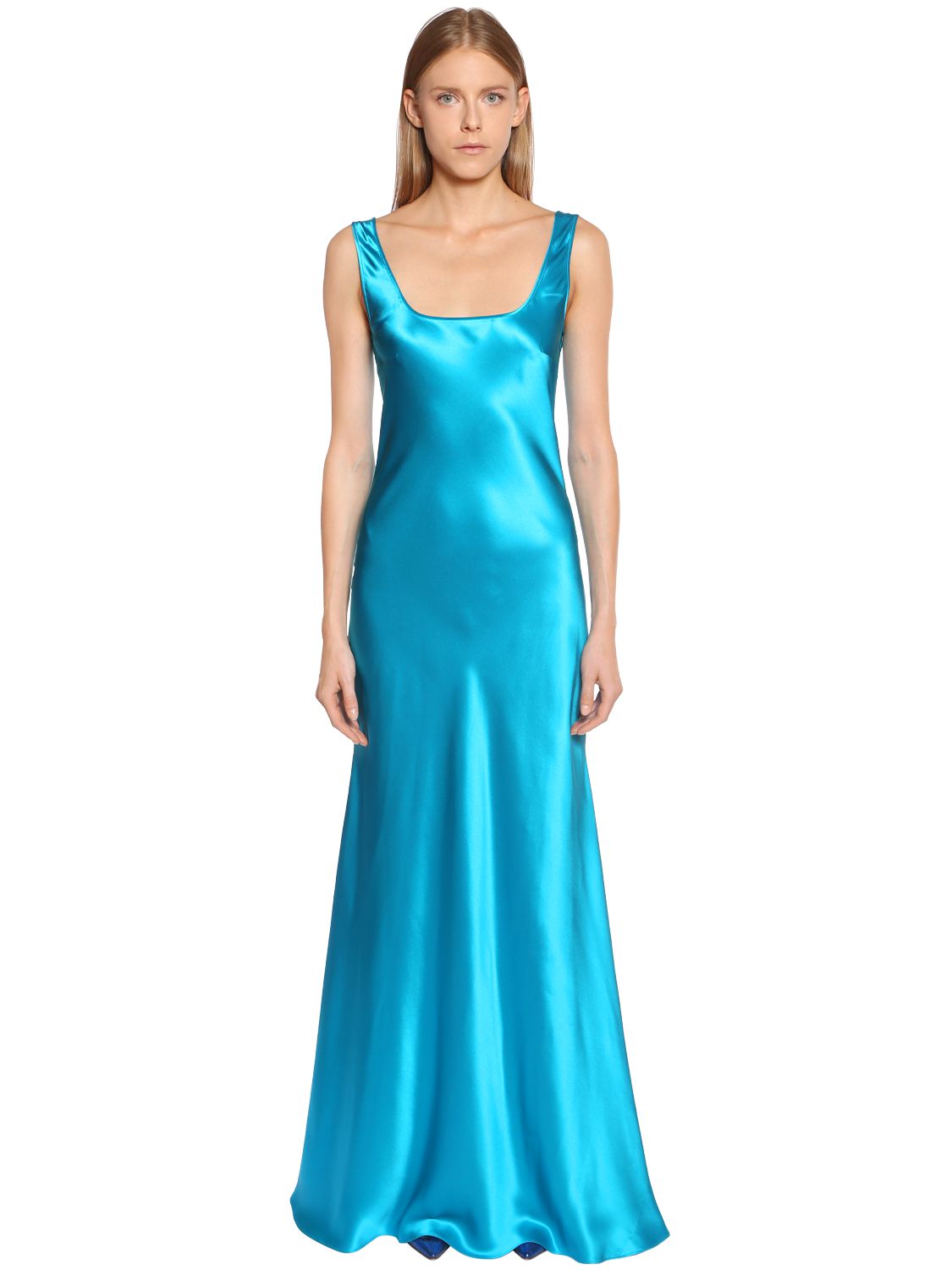 Alberta Ferretti Silk Satin Long Dress In Turquoise | ModeSens