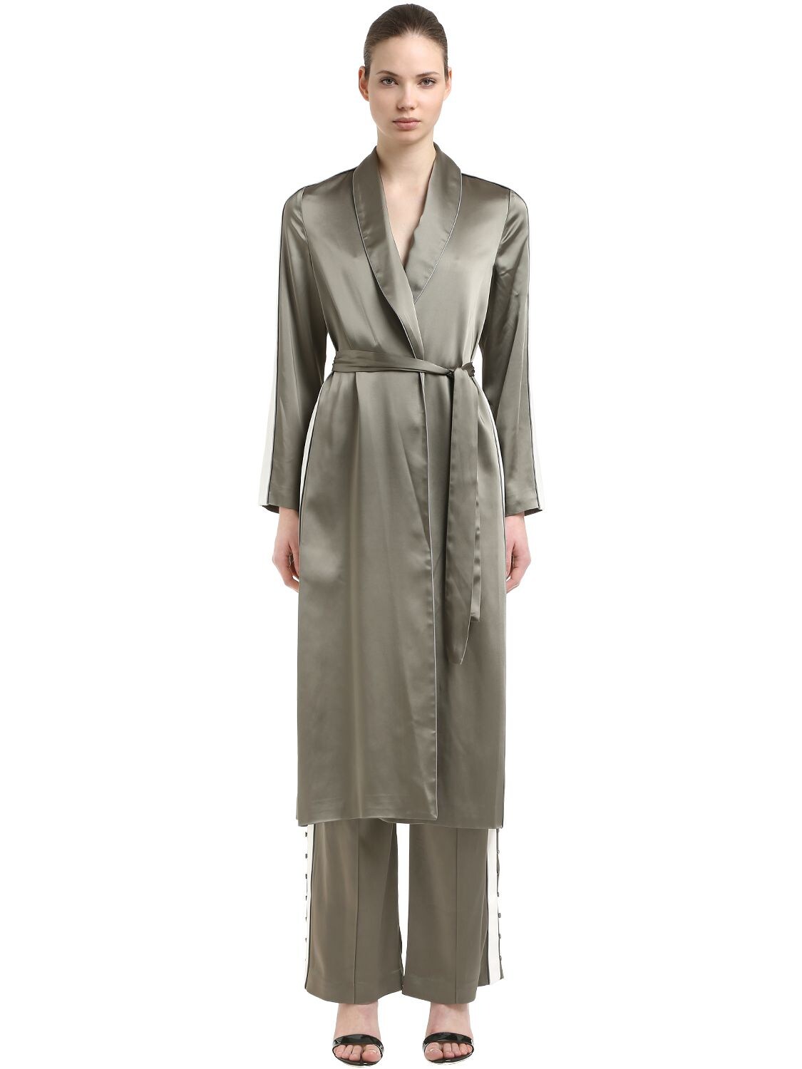 Jonathan Simkhai Satin Crepe Dressing Gown W/ Side Bands In Green