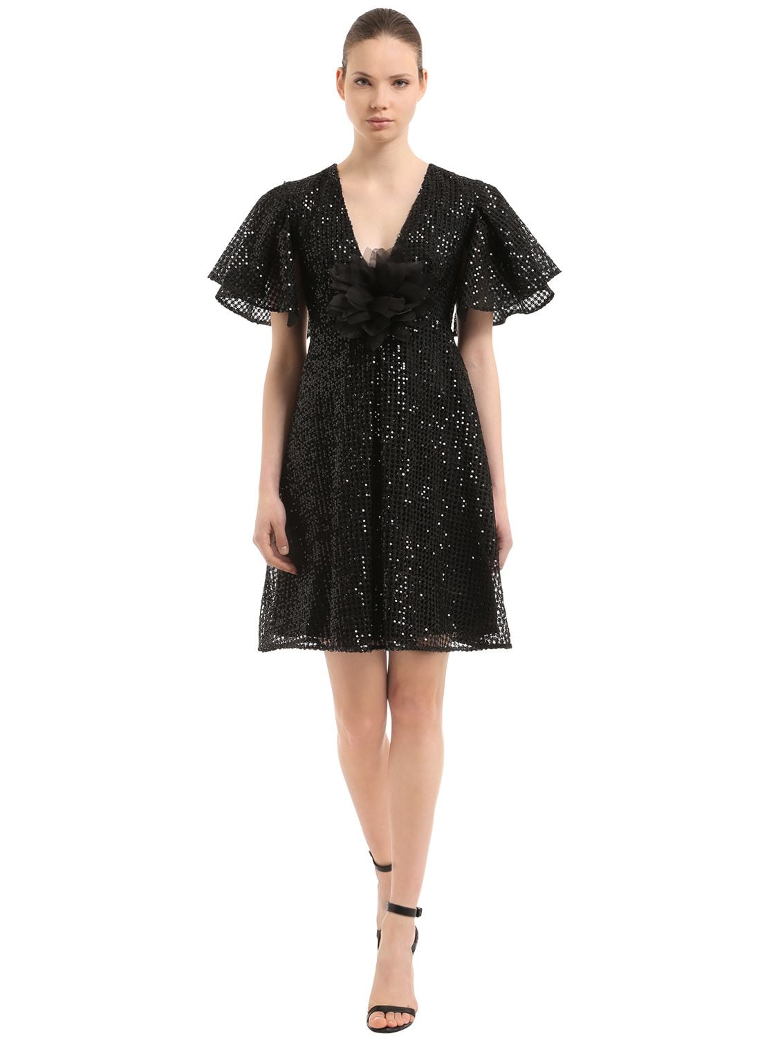 Ingie Sequined Mini Dress W/ Flower Appliqué In Black