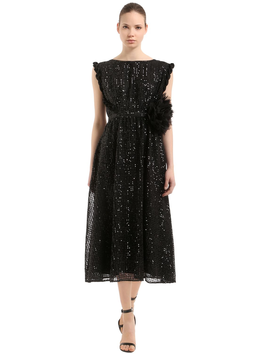 Ingie Sequined Midi Dress W/ Flower Appliqué In Black
