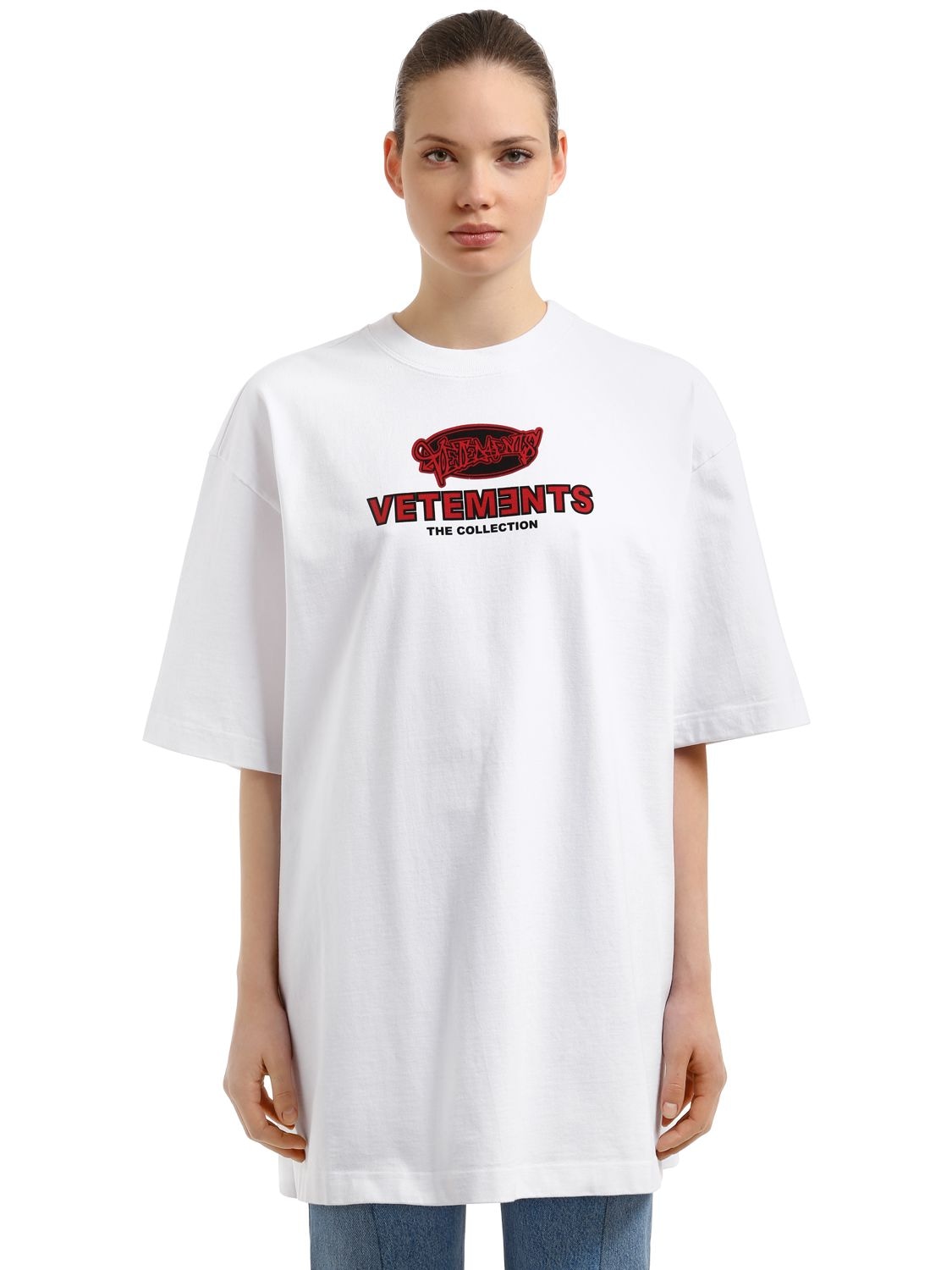 VETEMENTS LOGO PRINTED COTTON JERSEY T-SHIRT,67I51Y016-V0hJVEU1