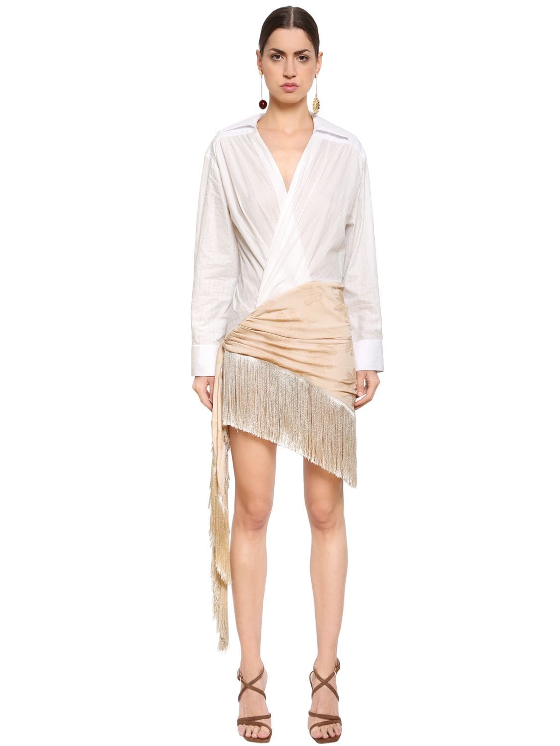 Jacquemus Cotton-poplin And Fringed Embroidered Crepe De Chine Dress In White