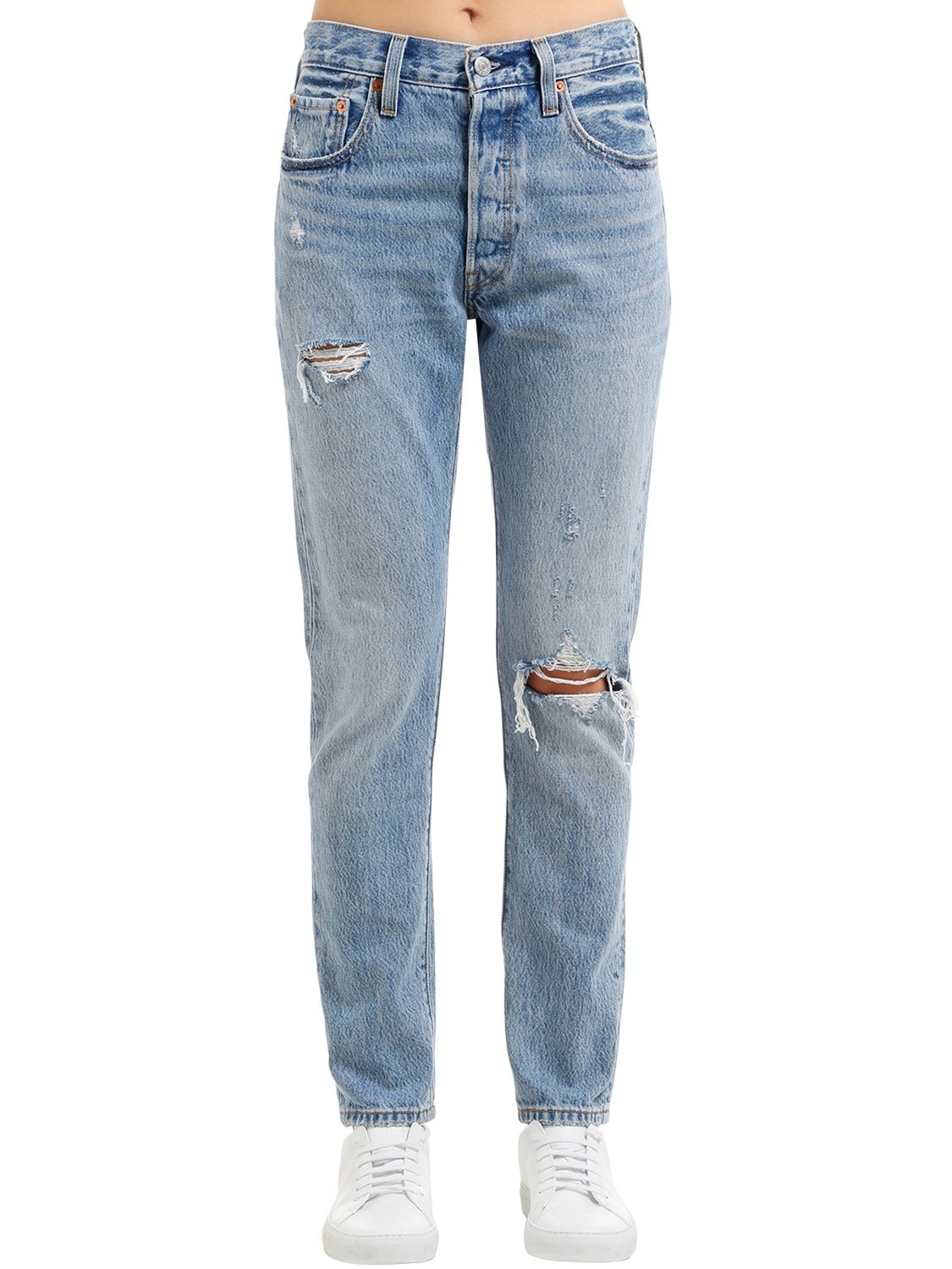 Levi's 501 Skinny Distressed Cotton Denim Jeans In Light Blue