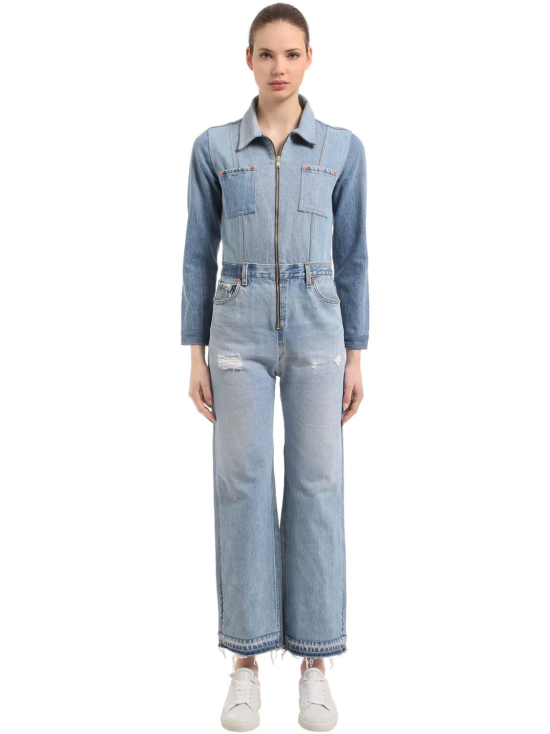 Re/done Flared Denim Jumpsuit In Dark Blue