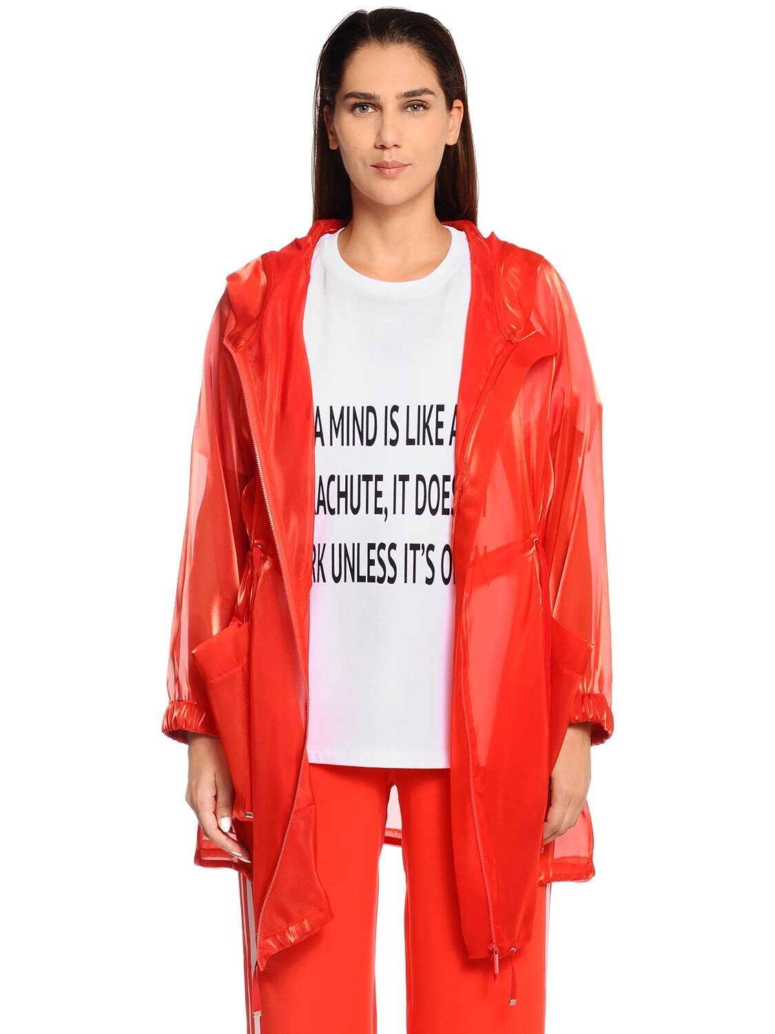 Marina Rinaldi Hooded Organza Raincoat In Red