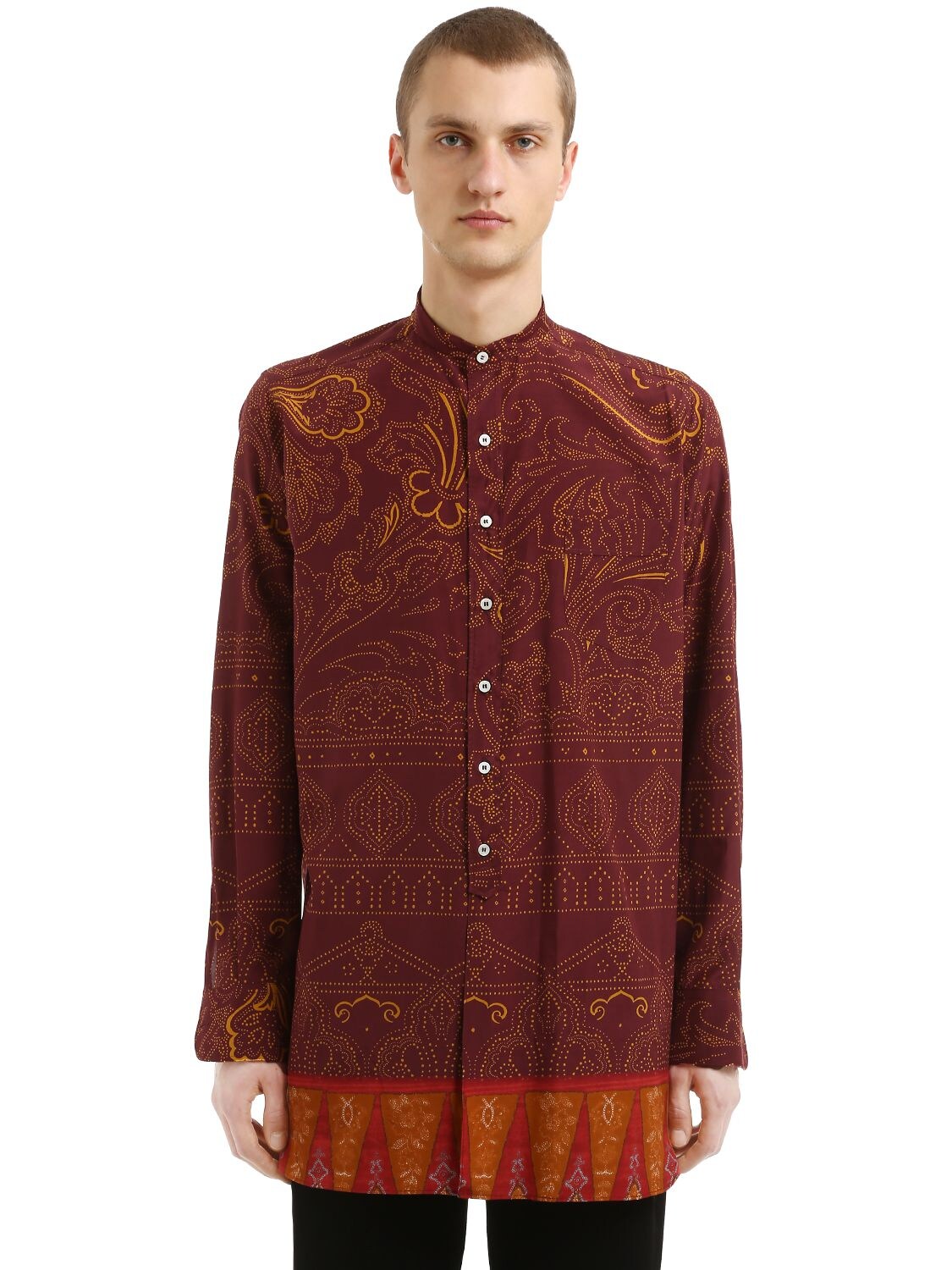Etro Printed Silk & Cotton Caftan Shirt In Bordeaux