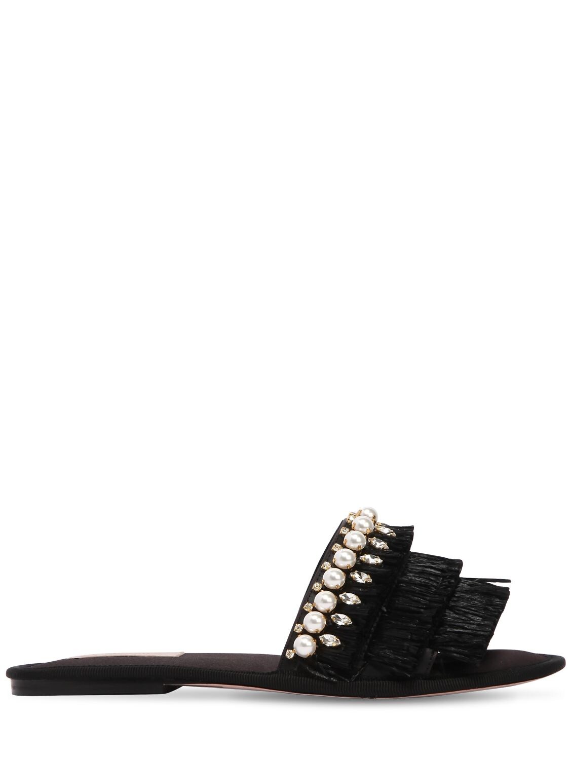 Sebastian 10mm Fringed Raffia Slide Sandals In Black
