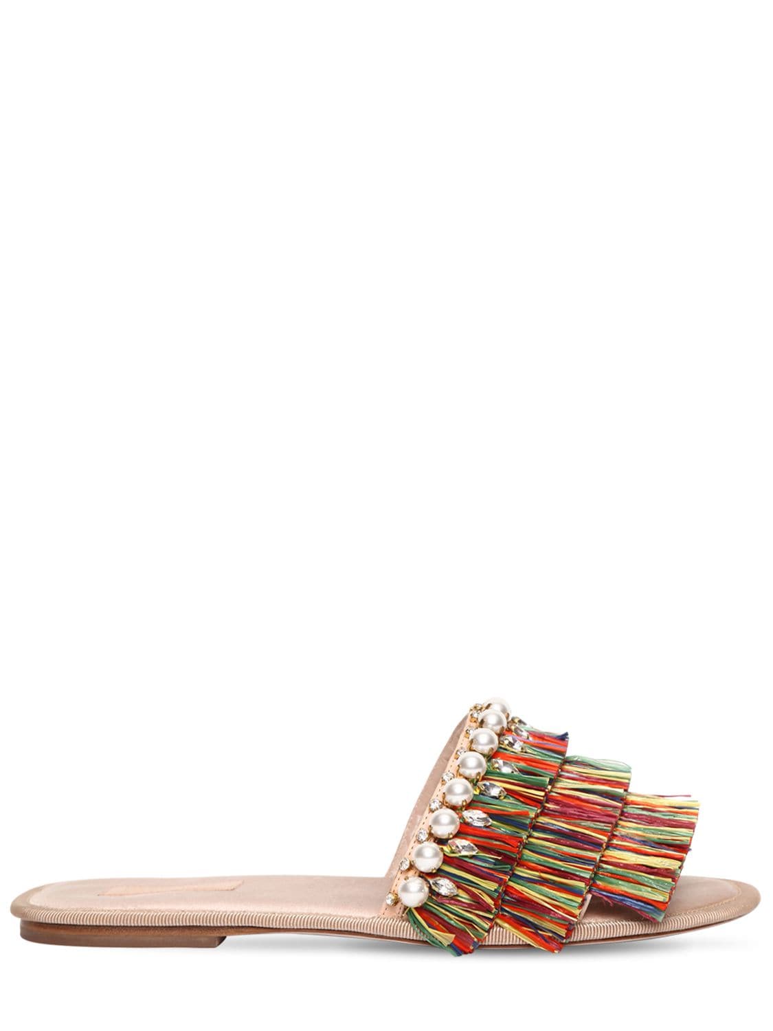 Sebastian 10mm Fringed Raffia Slide Sandals In Multicolor