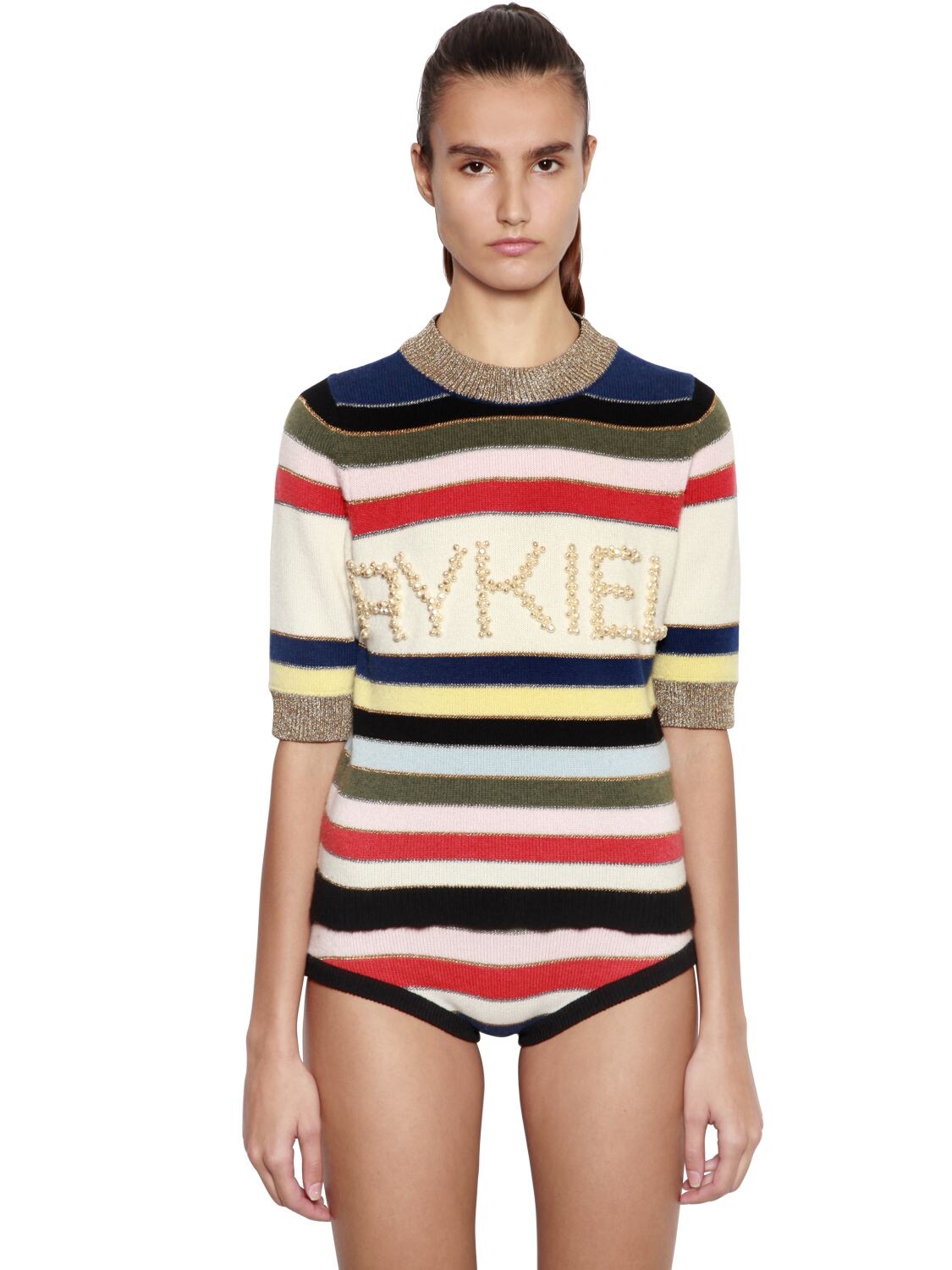 Sonia Rykiel Striped Wool & Lurex Sweater W/ Pearls In Multicolor