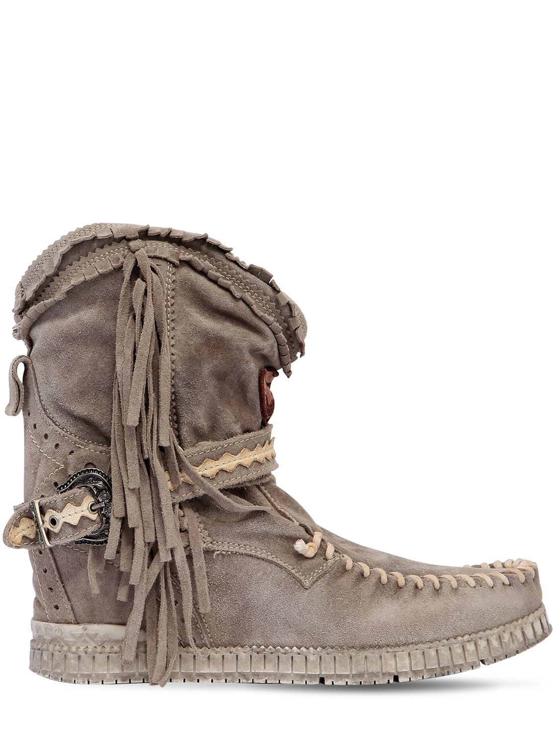El Vaquero 70mm Arya Suede Fringed Wedge Boots In Grey