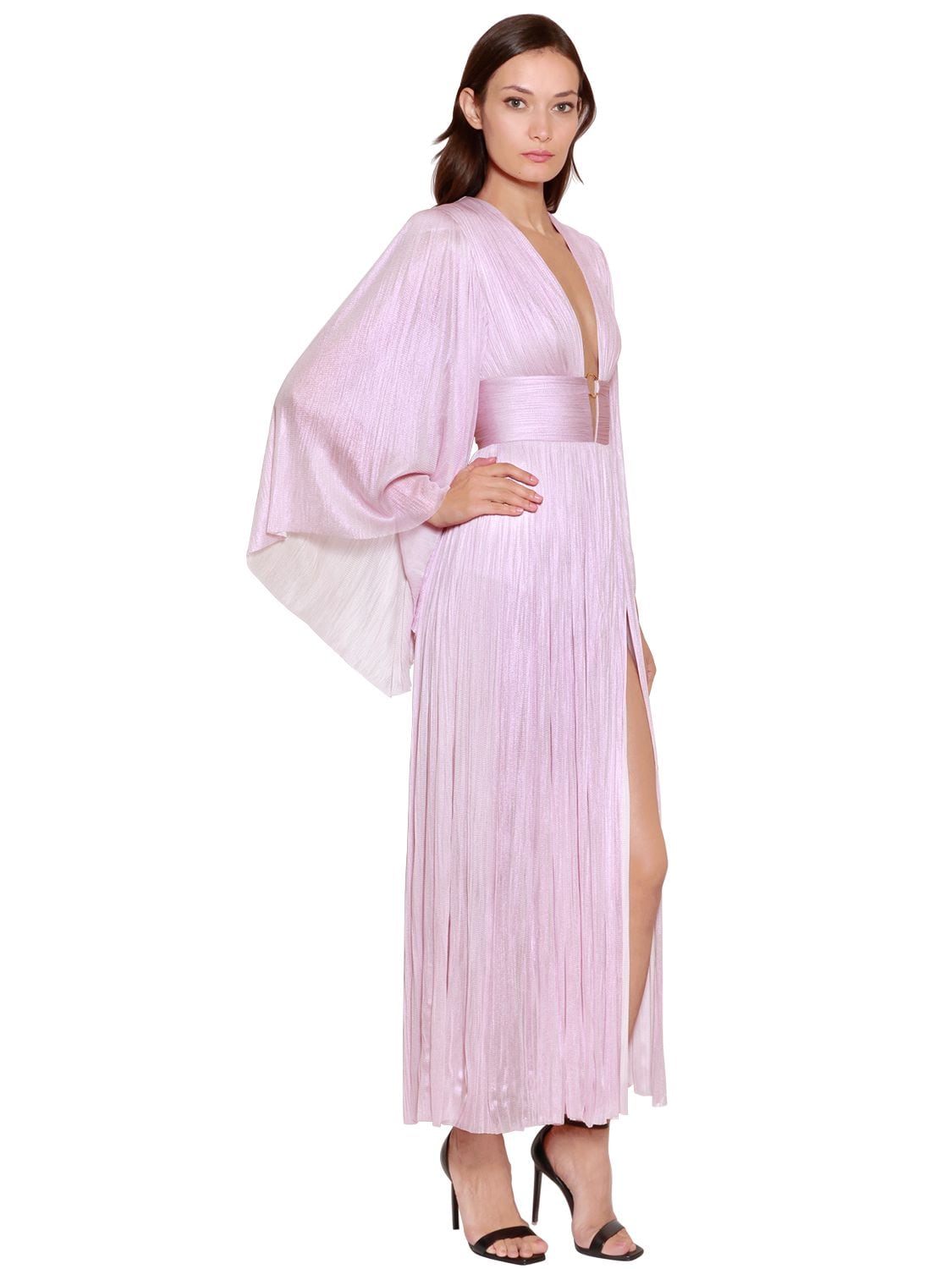 Maria Lucia Hohan Long Sleeve Silk Plissé Midi Dress In Light Pink