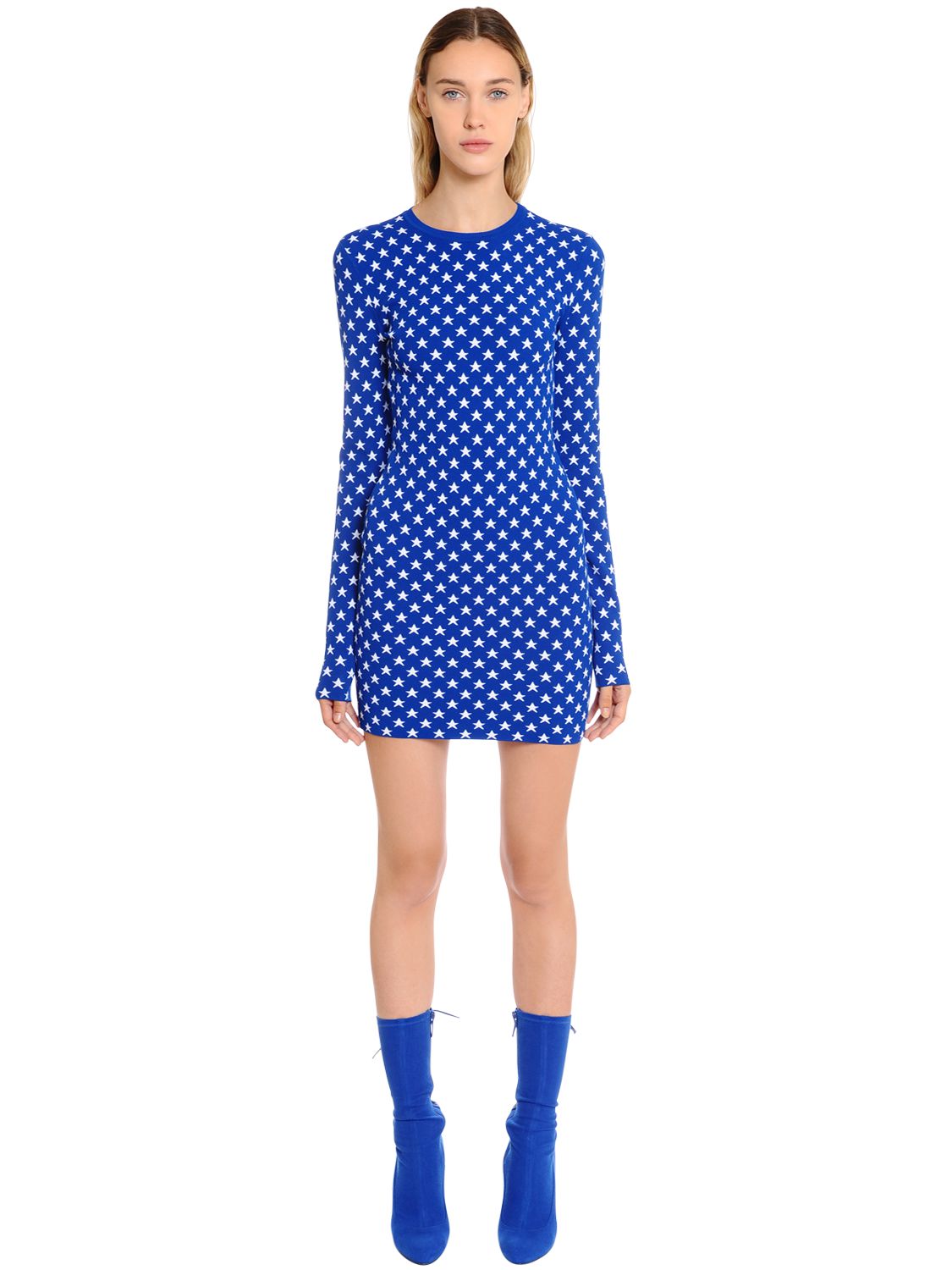 Givenchy Crewneck Long-sleeve Star Jacquard Fitted Mini Dress In Blue