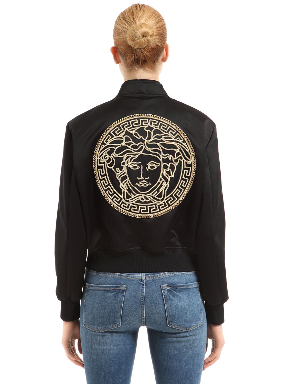 Versace Lurex Medusa Embroidered Satin Jacket In Black | ModeSens