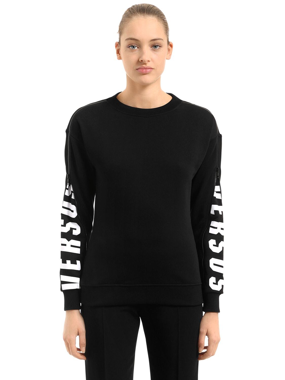 Versus Hidden Logo Printed Cotton Sweatshirt In Black