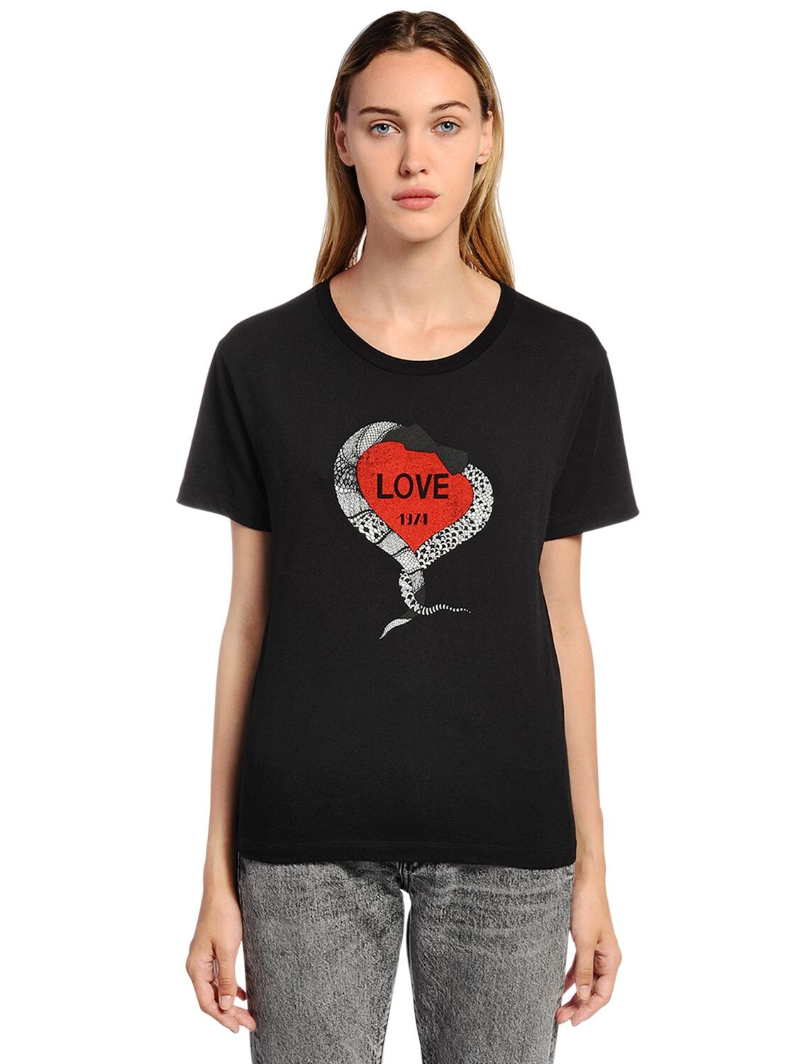 SAINT LAURENT LOVE 1971 PRINTED COTTON JERSEY T-SHIRT,67IA8C007-MTAwNA2