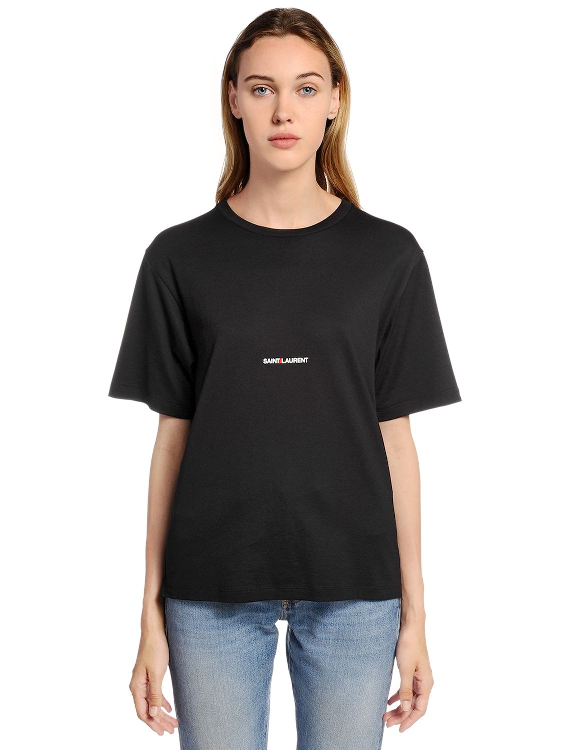 Shop Saint Laurent Loose Logo Print Cotton Jersey T-shirt In Black