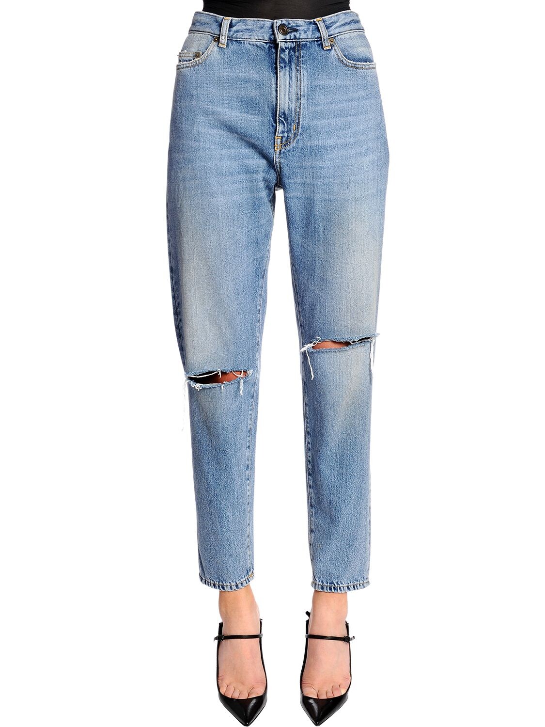 Saint Laurent Baggy Asymmetric Rips Washed Denim Jeans In Blue