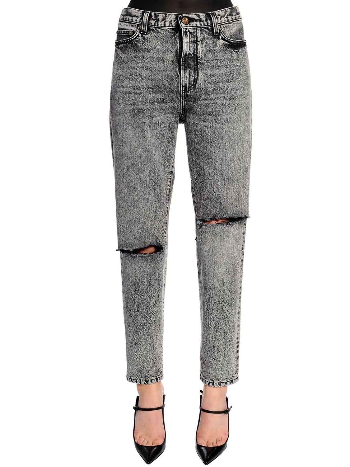 Saint Laurent Baggy Asymmetric Rips Washed Denim Jeans In Grey