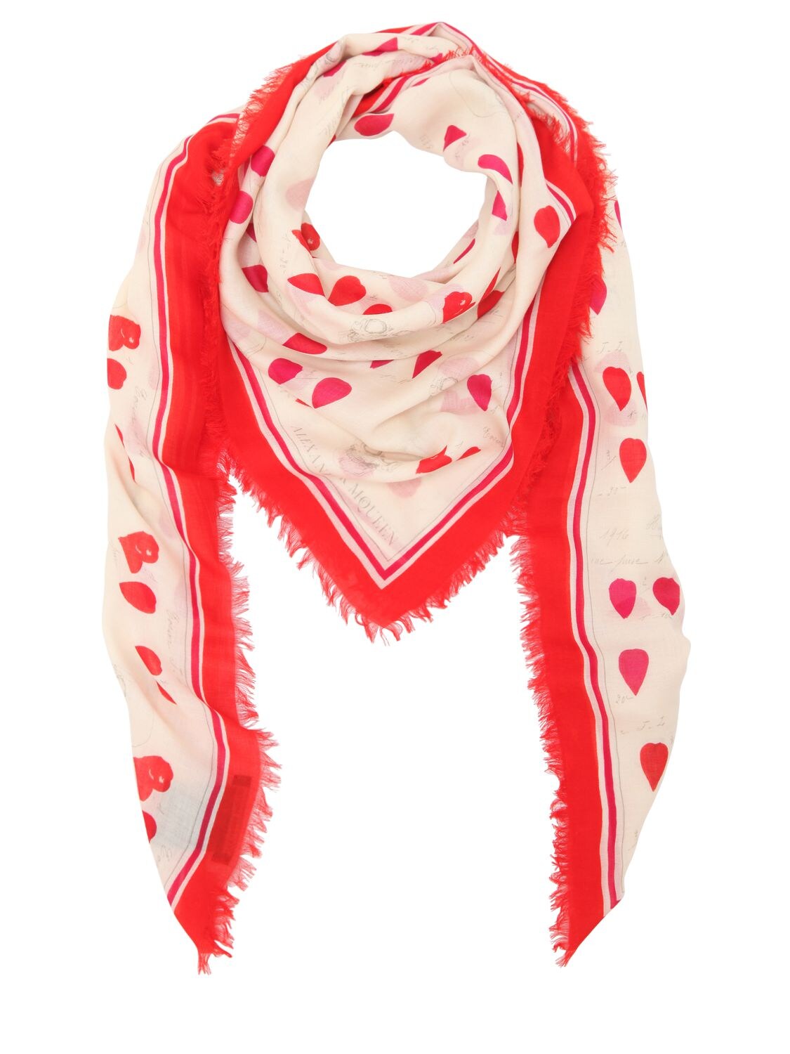 Alexander Mcqueen Petals Printed Fringed Scarf In Ivory/red