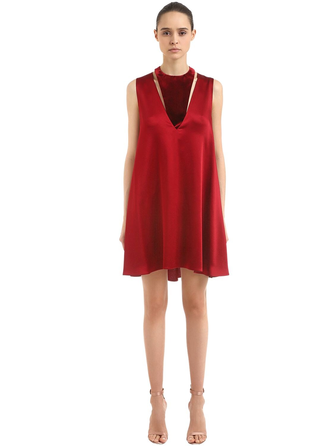 Valentino Hammered Satin & Velvet Mini Dress In Red