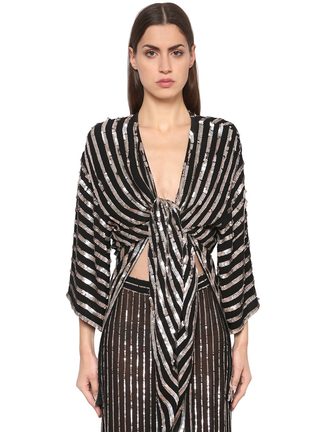 Temperley London Sequined Stripes Kimono Top In Black,silver