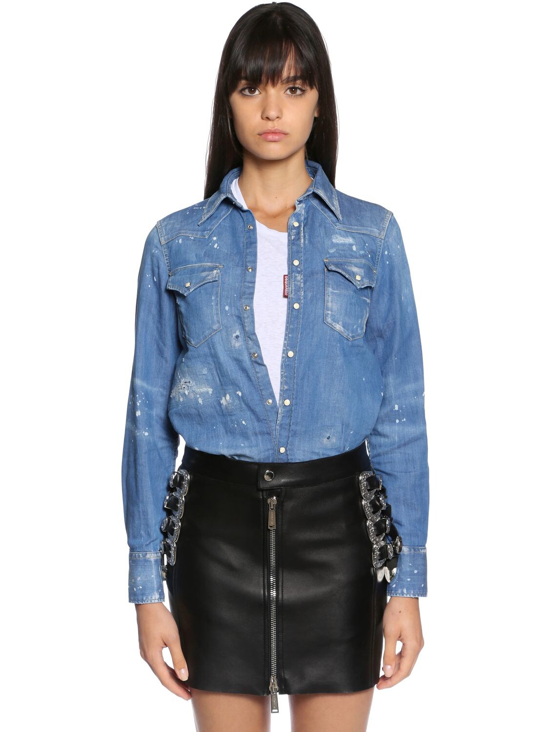 DSQUARED2 DISTRESSED COTTON DENIM WESTERN SHIRT,67IAGF011-NDCW0