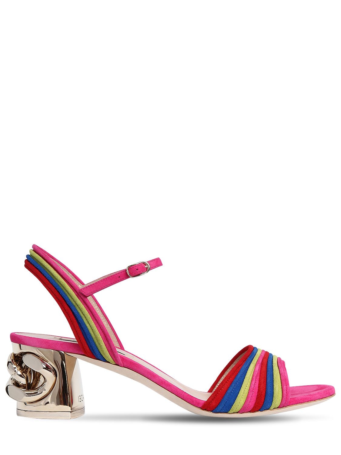 Casadei 50mm Chained Heel Rainbow Suede Sandals In Multicolor