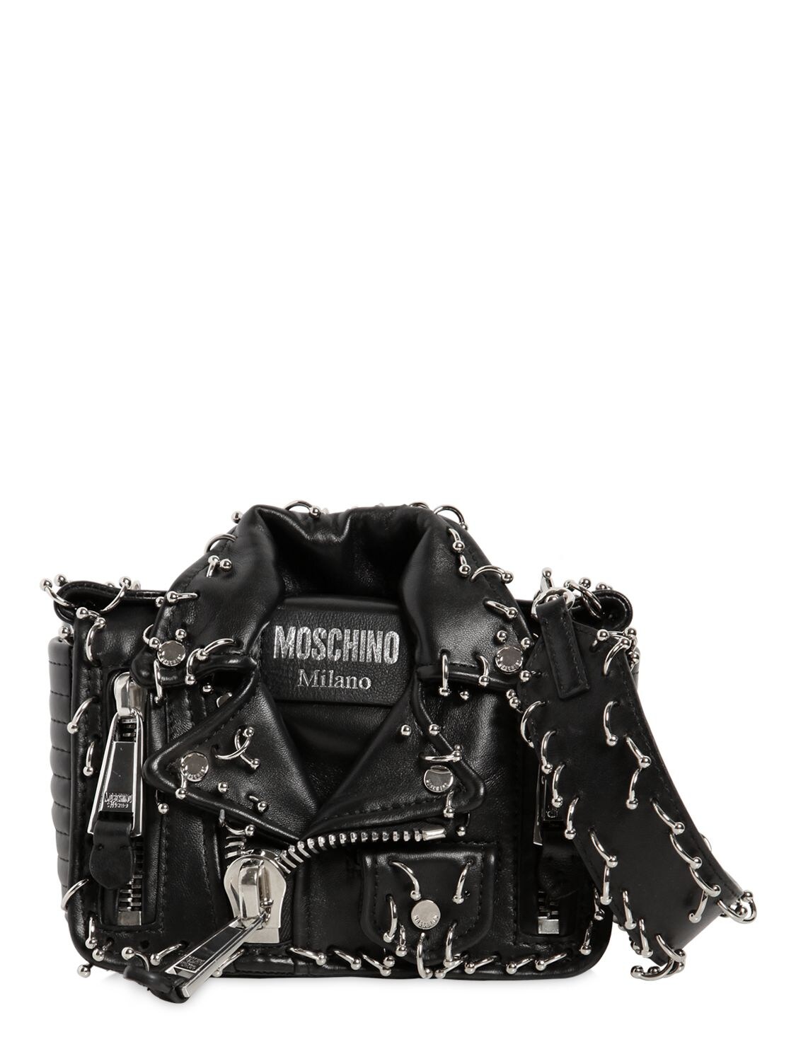 Moschino Piercing Biker Leather Shoulder Bag In Black