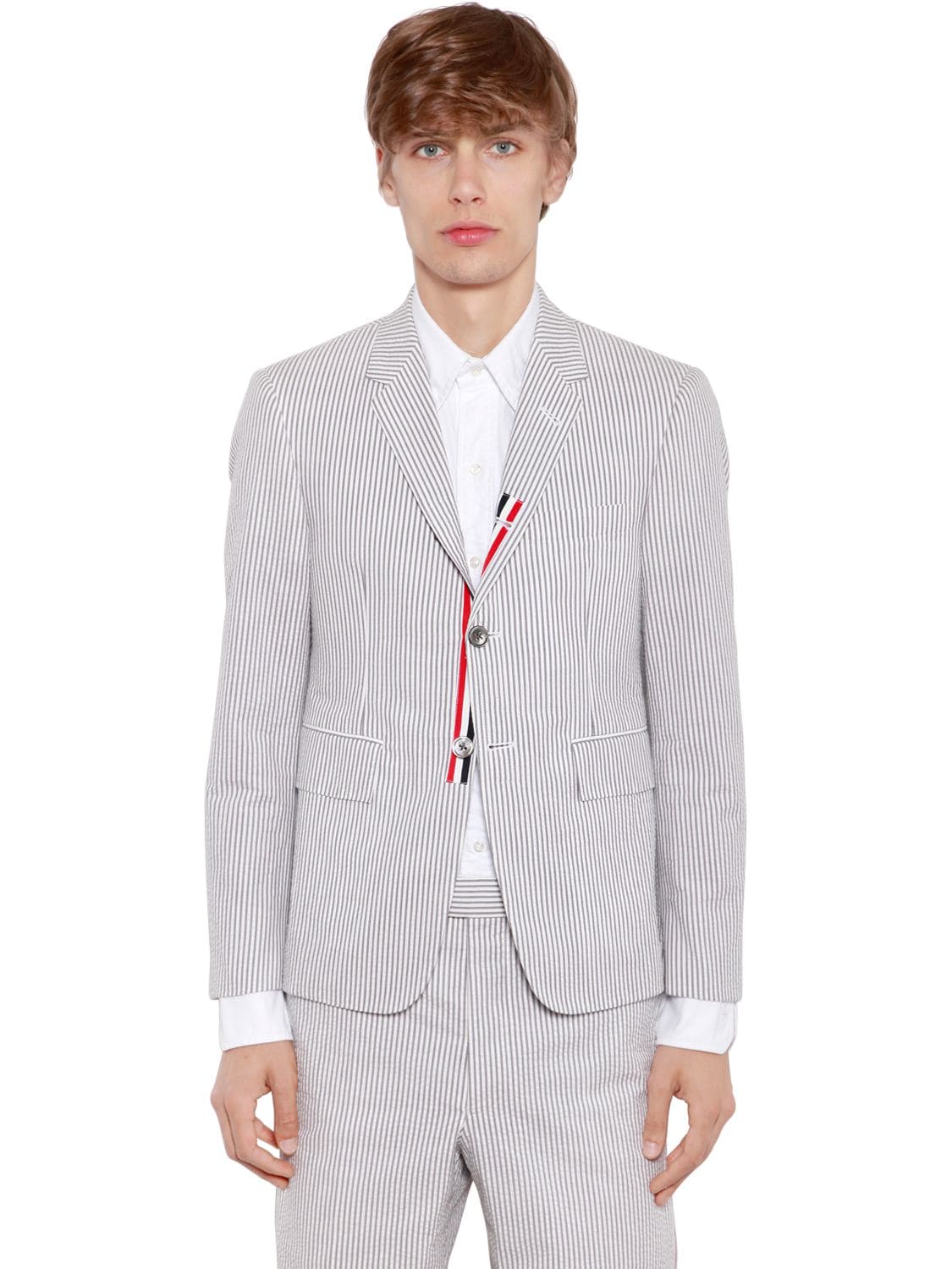 Thom Browne Slim Fit Seersucker Cotton Jacket In Med Grey