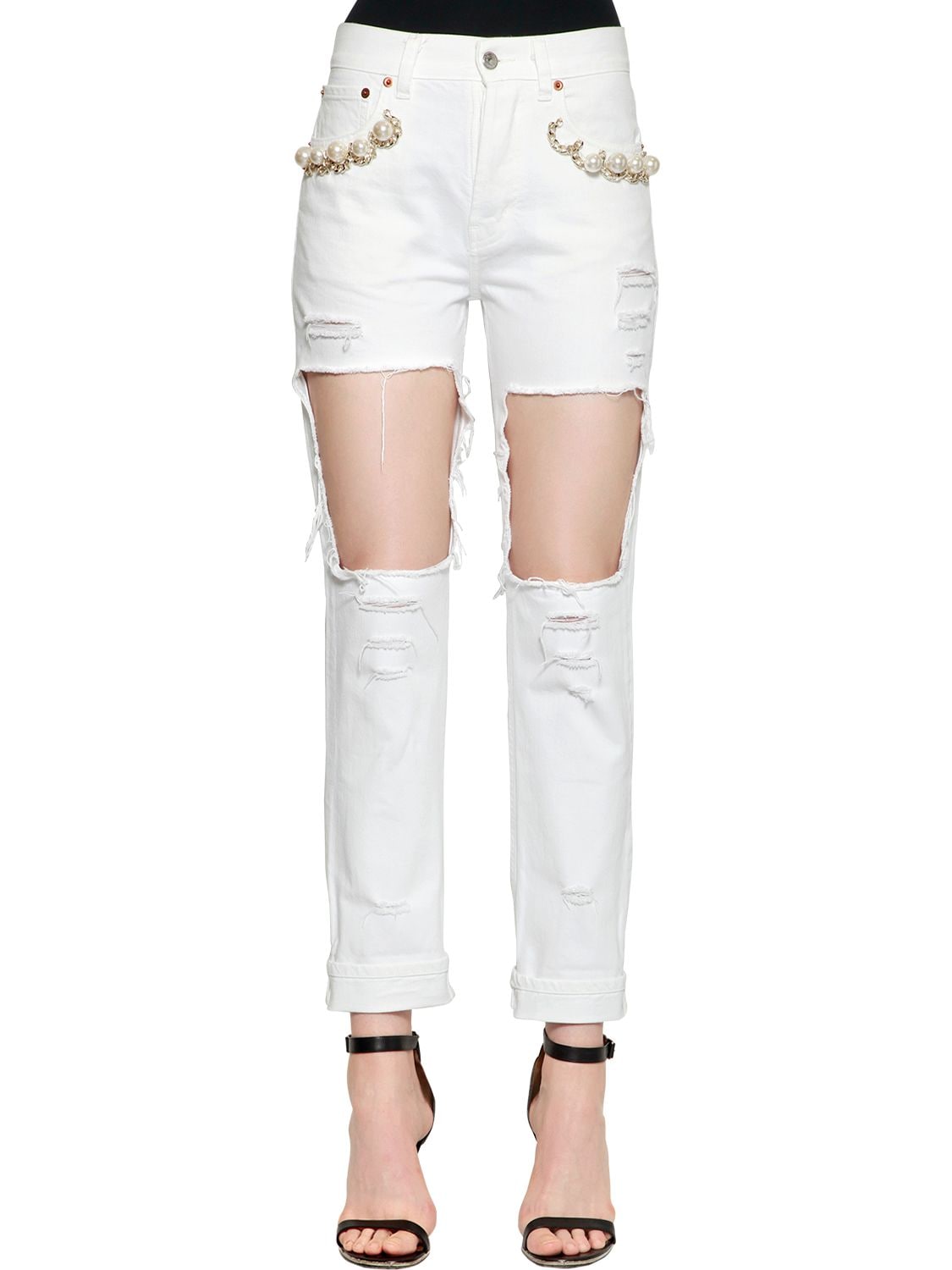 Forte Couture Embellished Cotton Denim Cut Out Jeans In White
