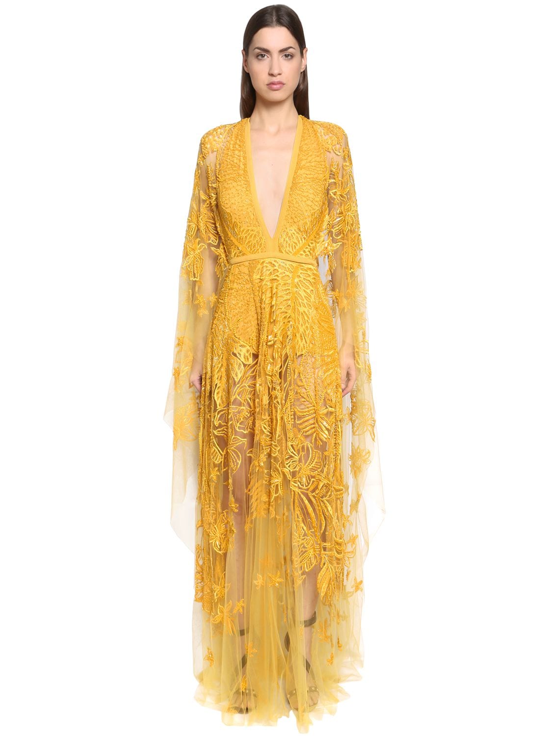 Elie Saab Embellished Silk Tulle Cape Dress In Yellow