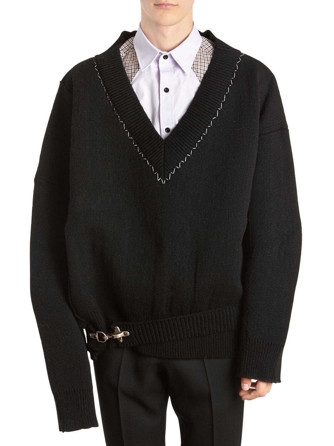 Raf Simons Oversized Wool Knit Sweater W/ Buckle In Black