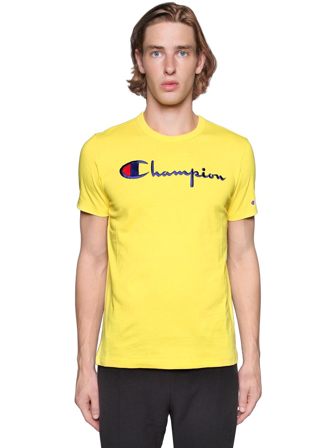 CHAMPION LOGO EMBROIDERED COTTON JERSEY T-SHIRT,67IDLU006-WVMwMTA1