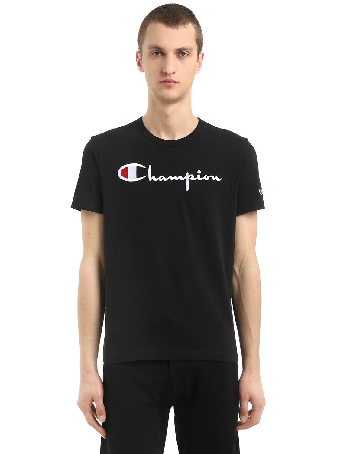 Champion Logo Embroidered Cotton Jersey T-shirt In Black