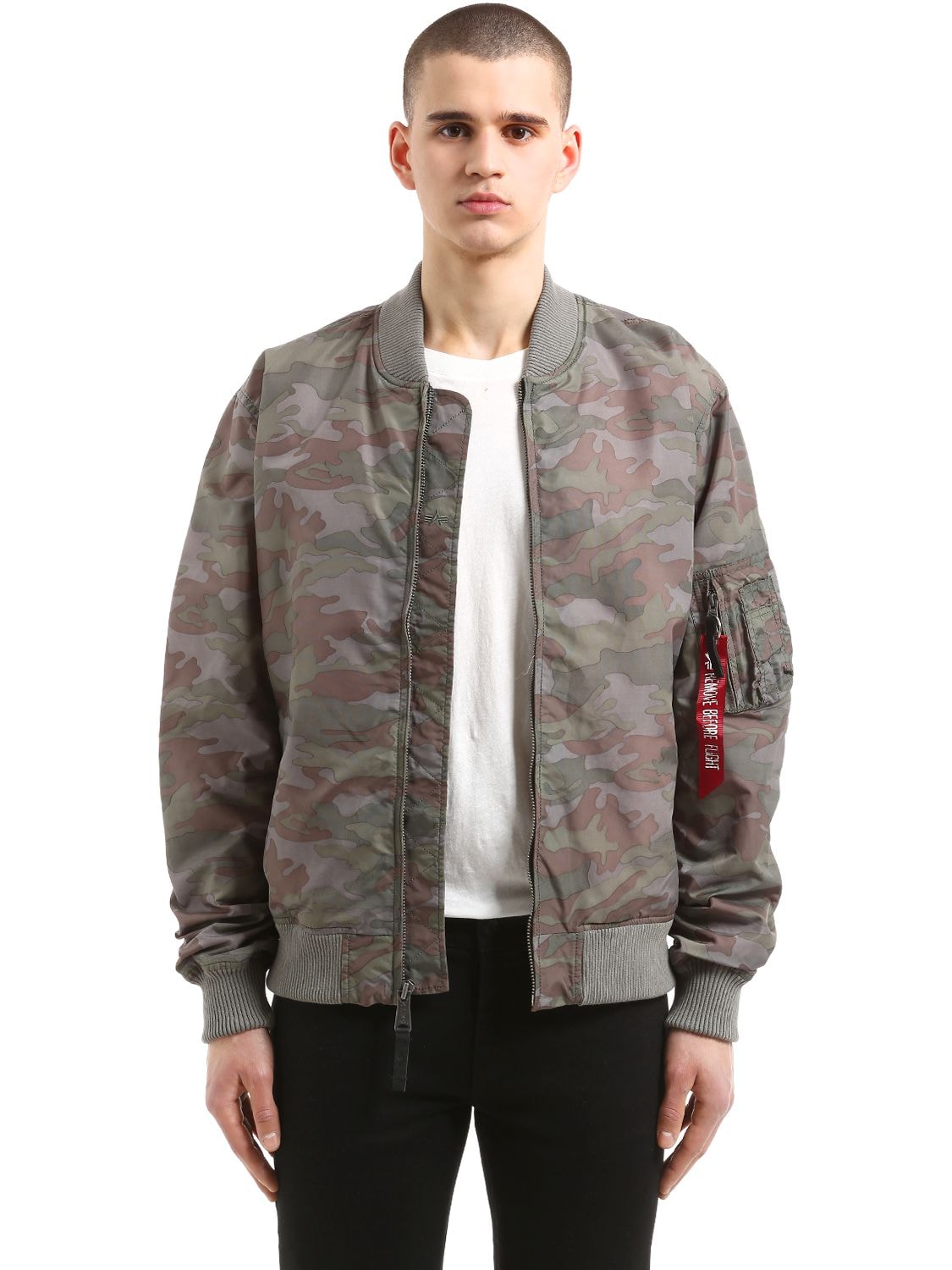 Alpha Industries Ma 1 Tt Slim Camo Nylon Bomber Jacket In Woodland Camo Modesens