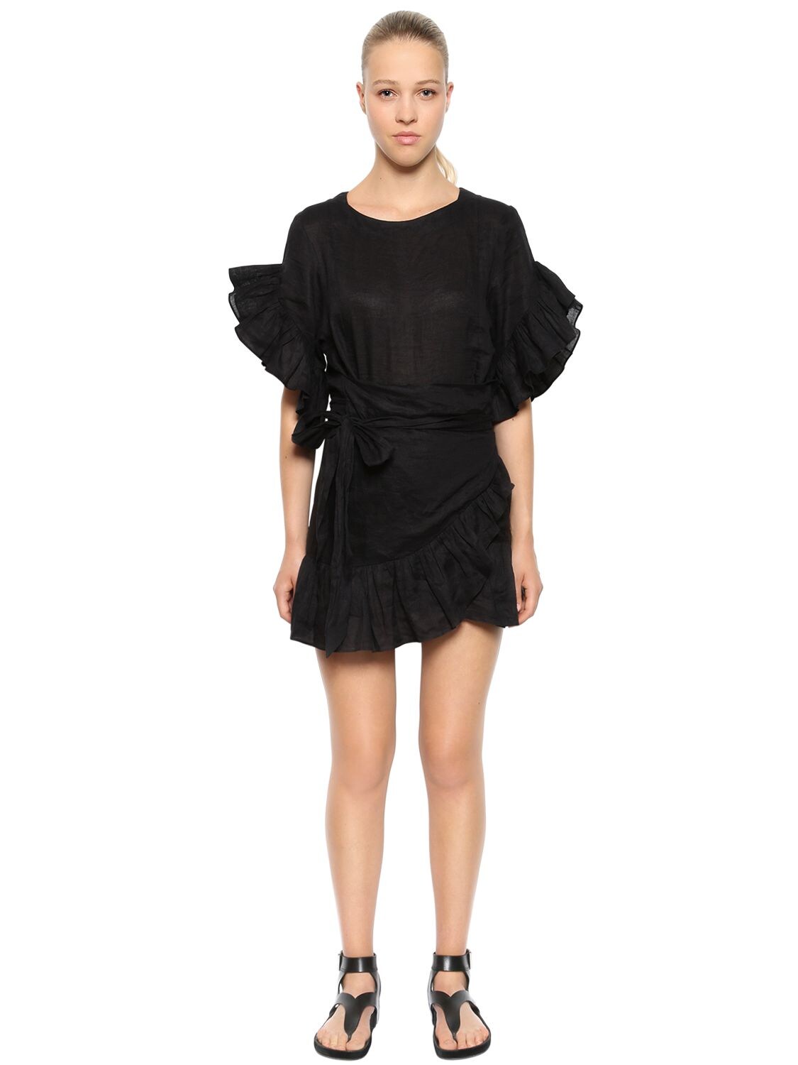 ISABEL MARANT ÉTOILE LINEN RUFFLED WRAP DRESS,67IE1B016-MDFCSW2