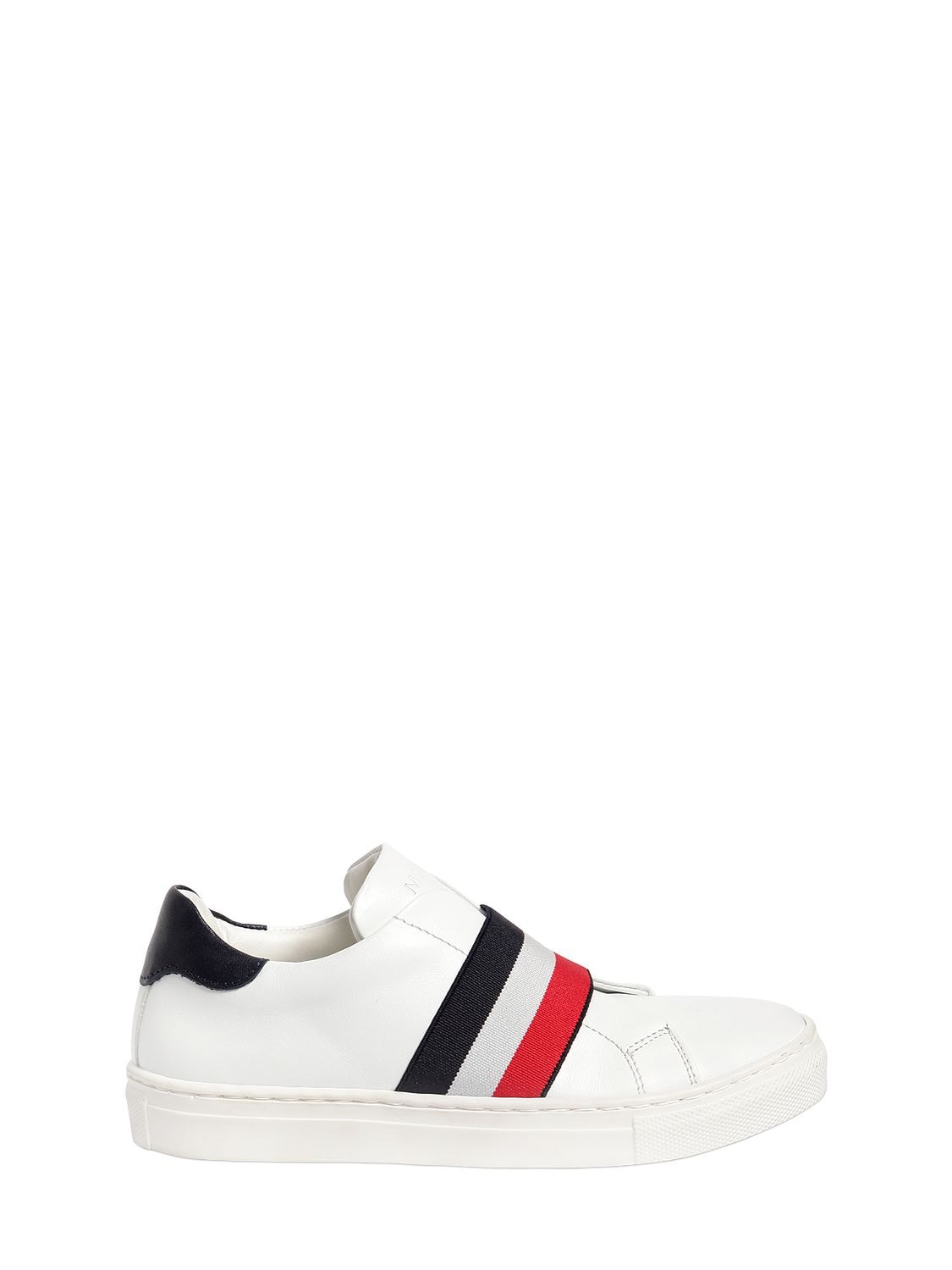 Moncler Kids' Leather Slip-on Trainers W/ Logo Band In White