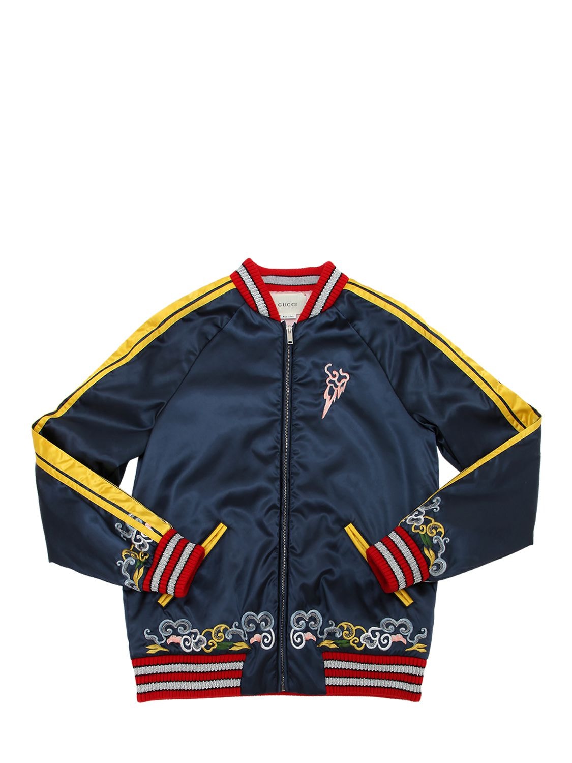 Gucci Kids' Dragon Embroidered Satin Bomber Jacket In Blue,yellow