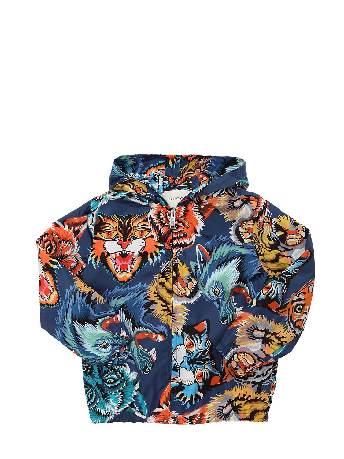 Gucci Kids' Animals Printed Nylon Windbreaker Jacket In Blue,multi