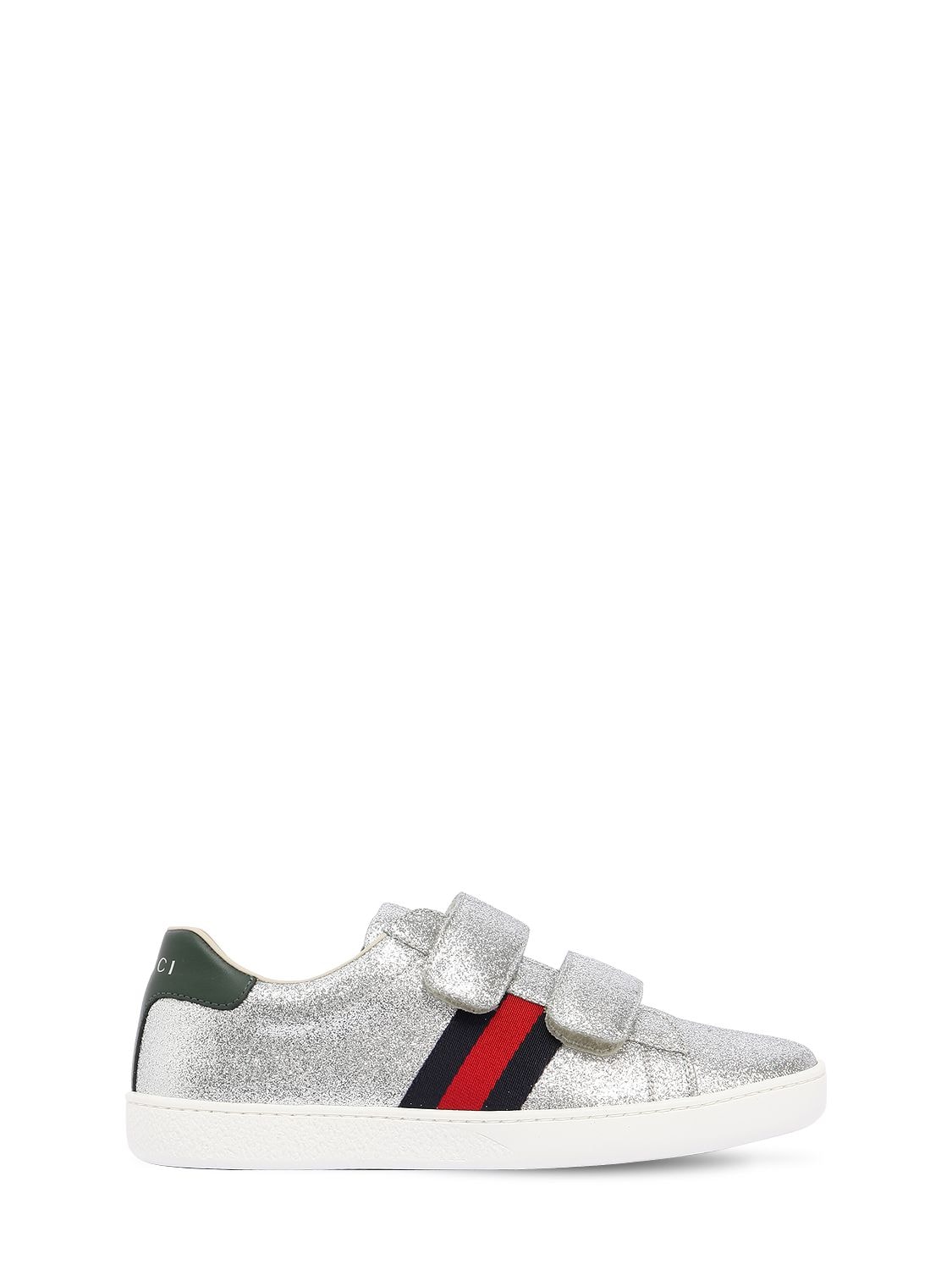 Gucci Kids' Glittered Leather Strap Sneakers In Silver