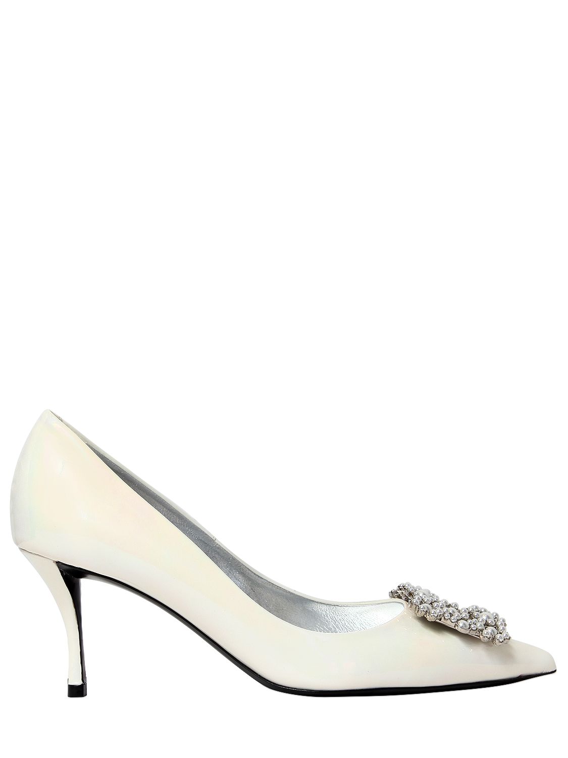 Roger Vivier Flower Faux Pearl-embellished Iridescent Patent-leather Pumps In Pearl White