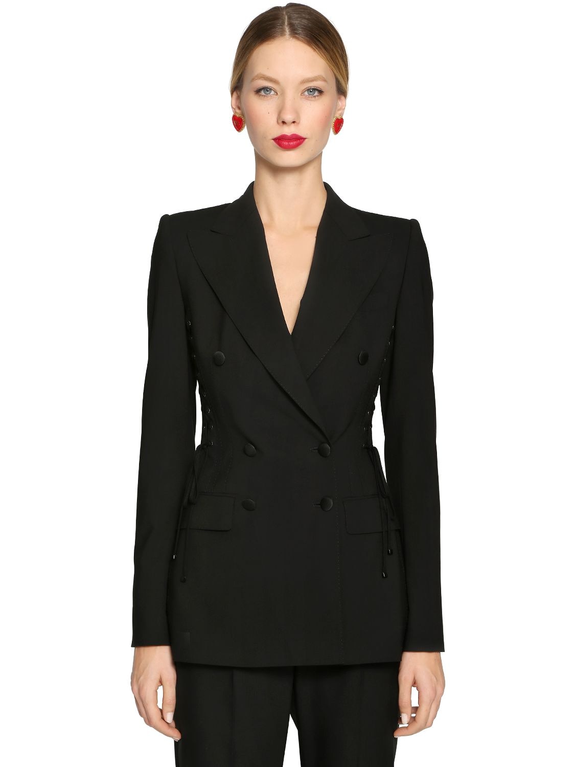 Dolce & Gabbana Lace-up Stretch Cool Wool Blazer In Black