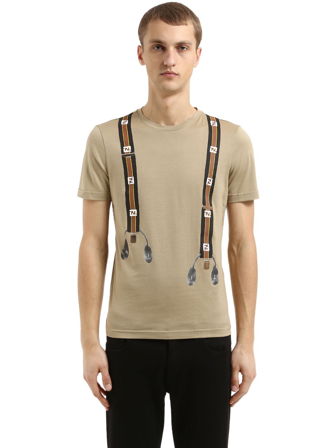 Fendi Ff Suspenders Printed Jersey T-shirt In Beige