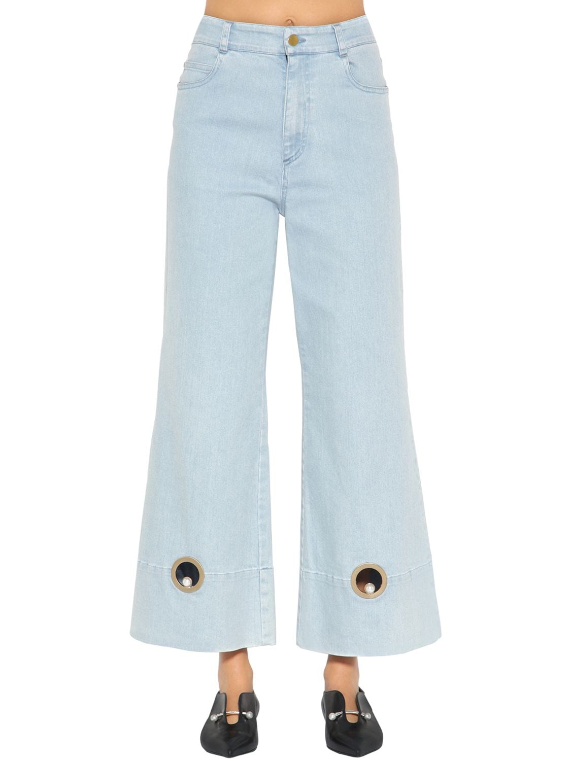 Coliac Wide Leg Cotton Denim Jeans W/ Cutouts In Light Blue