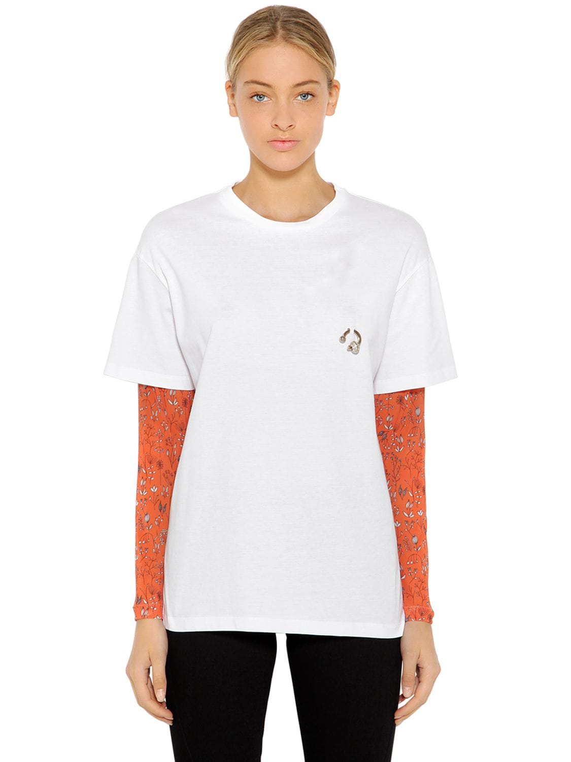 Coliac Pierced Jersey T-shirt W/ Mesh Sleeves In White,orange