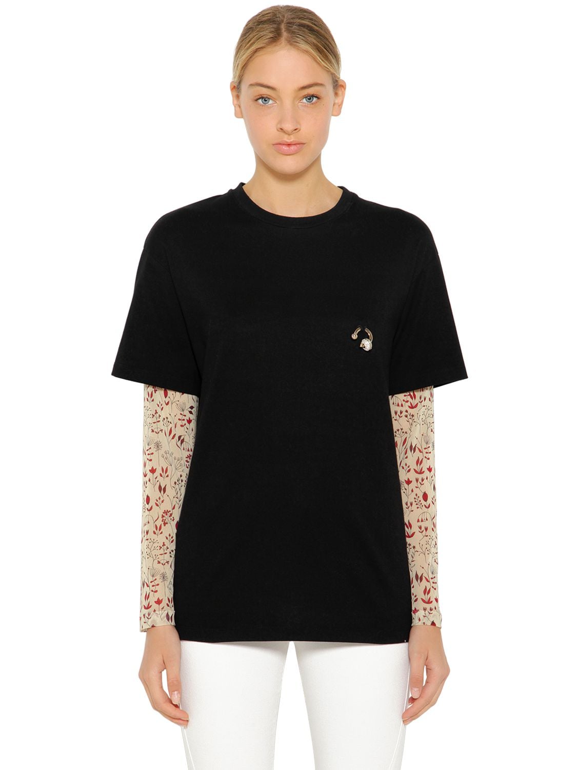 Coliac Pierced Jersey T-shirt W/ Mesh Sleeves In Black,ivory