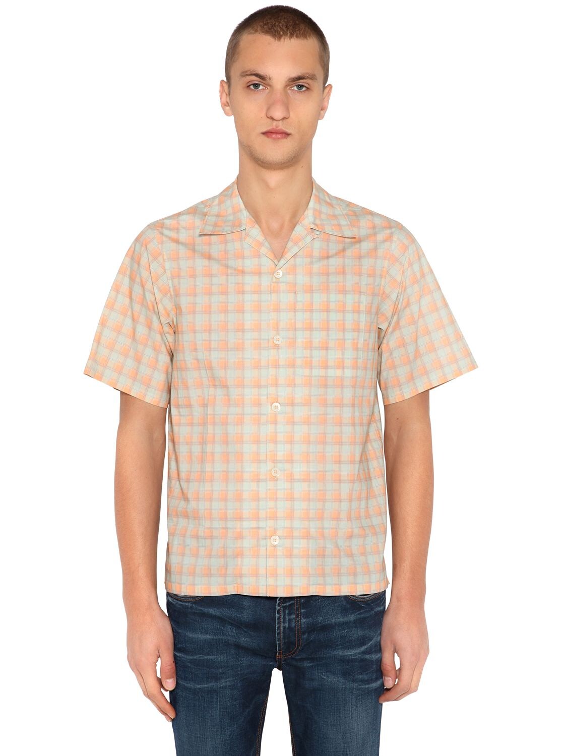 Prada Plaid Short Sleeve Cotton Bowling Shirt In Orange/beige