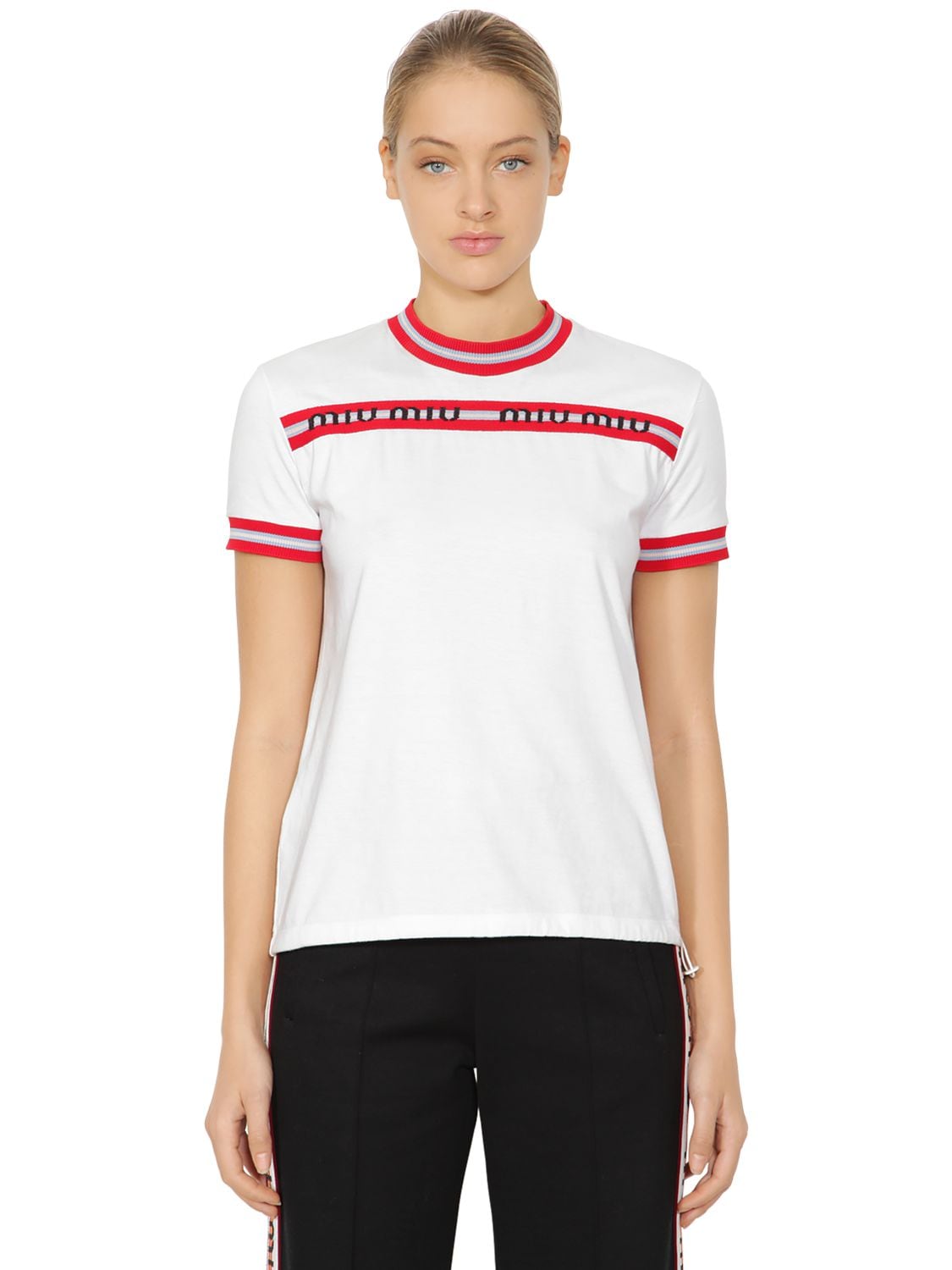 Miu Miu Logo Jacquard Cotton Jersey T-shirt In Biancobianco | ModeSens