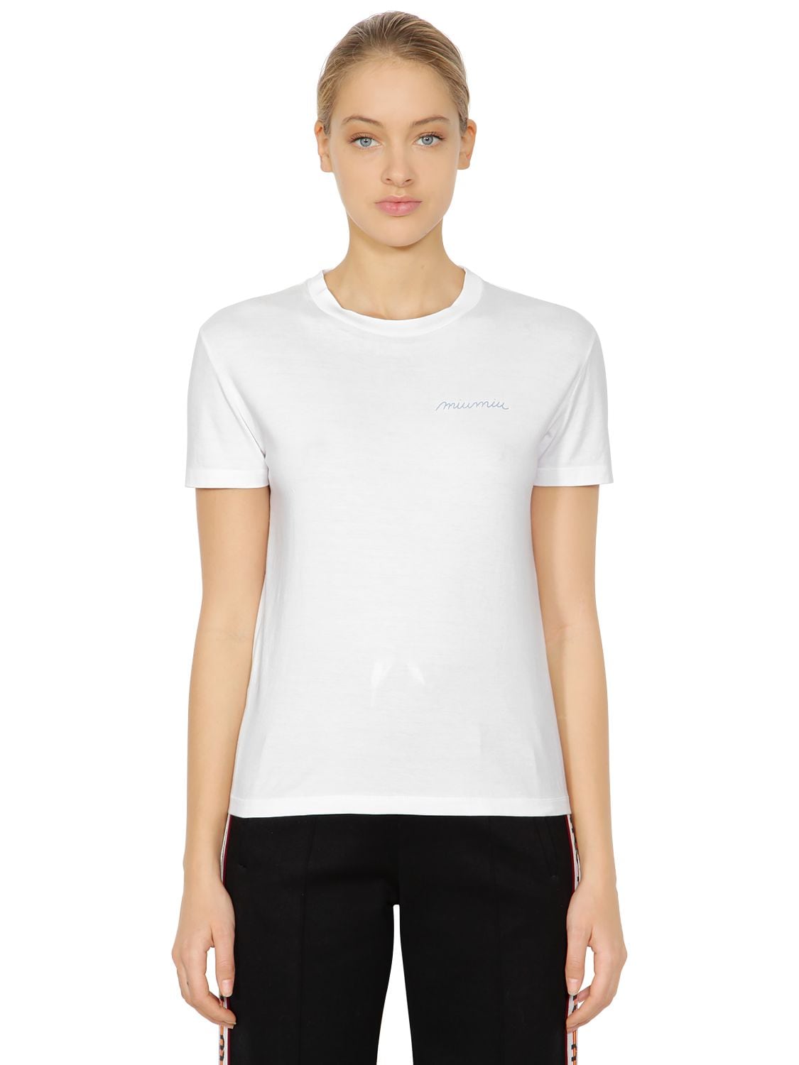 Miu Miu Logo Embroidered Cotton Jersey T-shirt In White | ModeSens